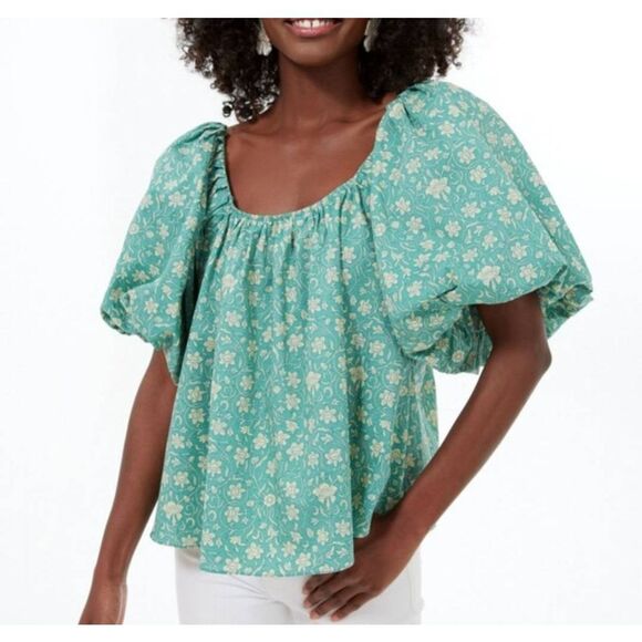 Tuckernuck Hyacinth House Green Cotton Floral Emmy Blouse Sz XS - Picture 1 of 4